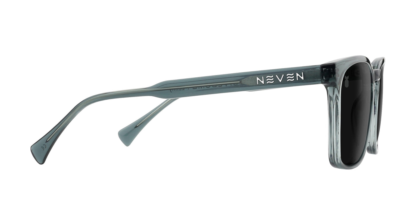 Side view of Lenny by Neven Eyewear: translucent gray rectangular sunglasses with black polarized lenses, thick glossy frame, smooth curved temples, and "NEVEN" in white geometric font on the modern flared arm.
