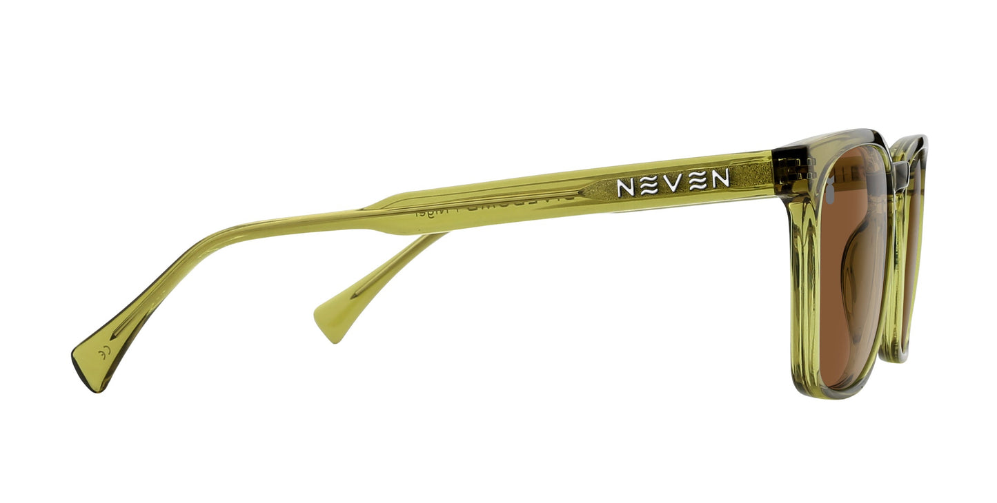 A side view of the Neven Eyewear Nigel sunglasses showcases translucent olive green frames with wide, tapered arms bearing NEVEN in white and brown-tinted polarized lenses from the Divebomb Collection.