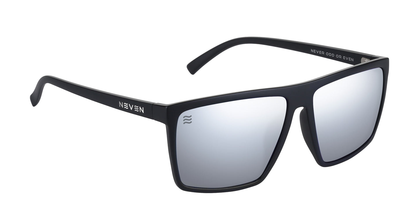 A pair of August XL sunglasses by Neven Eyewear, featuring a large-fit black frame with silver-mirrored polarized lenses. “NEVEN” appears in white on the left temple; the inner right reads “NEVER GOD OR EVEN.” Bold, modern, straight-line design.