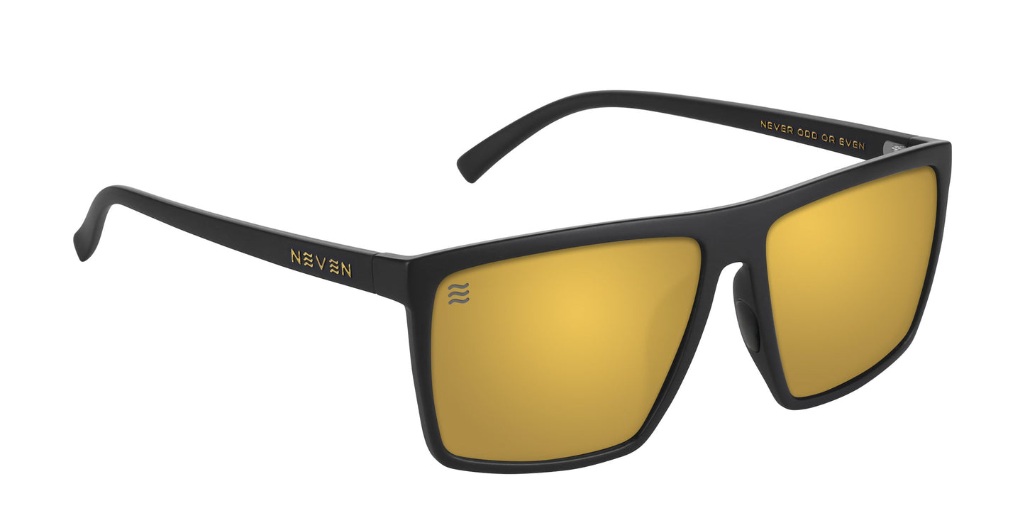 Norton XL by Neven Eyewear: large black rectangular sunglasses with thick frames, gold mirrored polarized lenses, gold “NEVEN” on the left temple, and a small lens logo. Designed for a snug, comfortable fit.