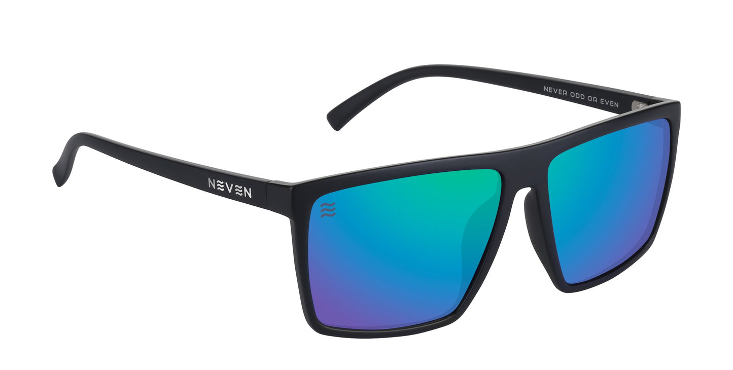 A pair of black, rectangular polarized sunglasses—Three Of Cups XL by Neven Eyewear—features blue-green mirrored lenses, a white NEVEN logo on the outer left arm, and "NEVER ODD OR EVEN" on the inner right arm with a modern, sleek frame design.