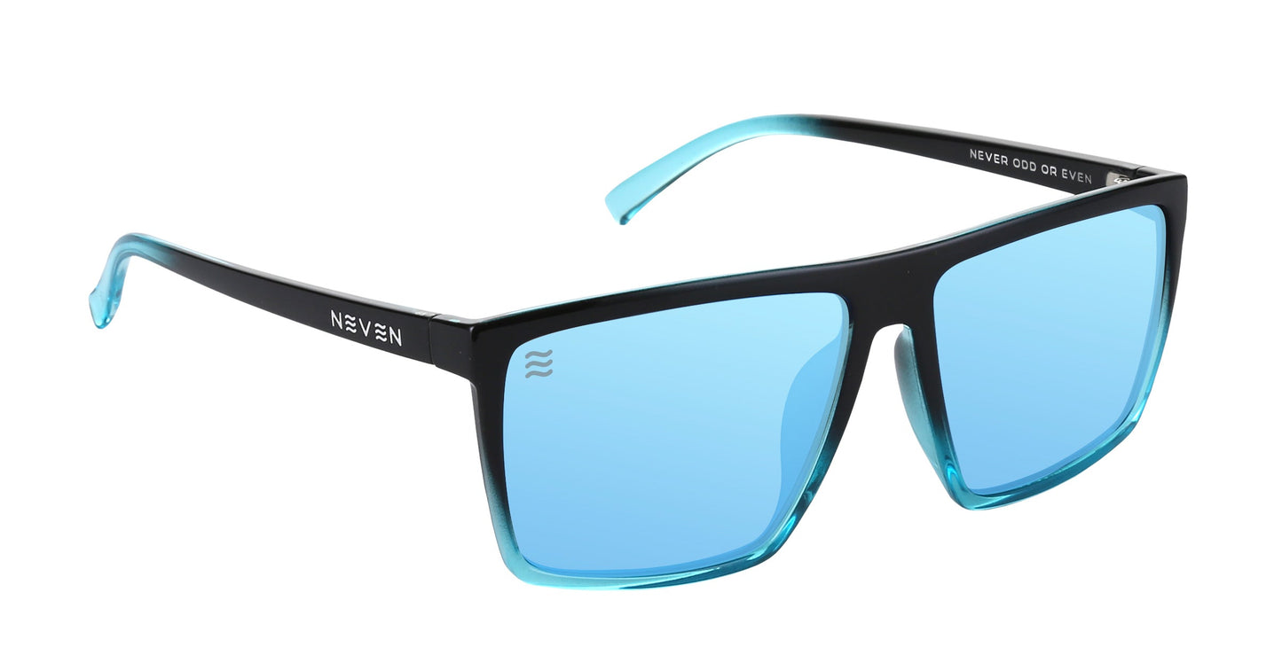The Arizona by Neven Eyewear features polarized, UV400 light blue mirrored lenses in black rectangular frames fading to turquoise. “NEVEN” is printed in white on the temples, and “NEVER ODD OR EVEN” appears on the right temple.