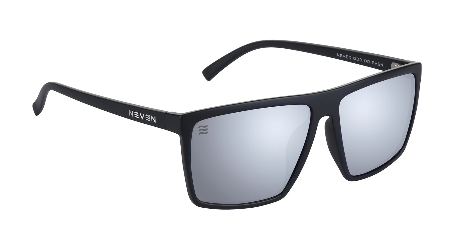 The August by Neven Eyewear features modern rectangular polarized sunglasses with black frames, mirrored impact-resistant lenses, a NEVEN logo and NEVER ODD OR EVEN on the temple, plus a wavy logo on the left lens.