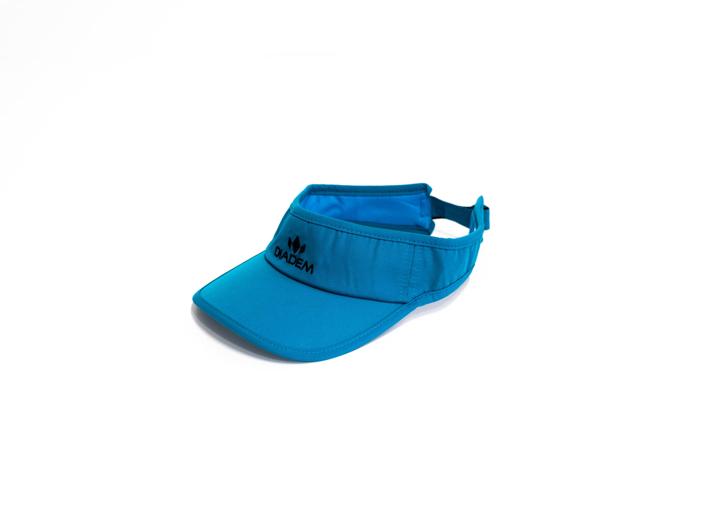 The Drycore Select Visor by Diadem Sports is a blue, lightweight polyester visor featuring a curved brim, adjustable back strap, and moisture-resistant tech. The black DADEM logo and name appear on the front. Shown on white to highlight key details.
