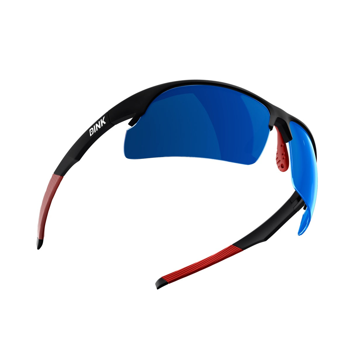 The Daytona Sunglasses - Black/Red by Dink Eyewear feature a lightweight frame, blue mirrored wraparound lenses, and red rubberized accents. The left arm shows the white OINK logo near the hinge, with an aerodynamic and sleek design.