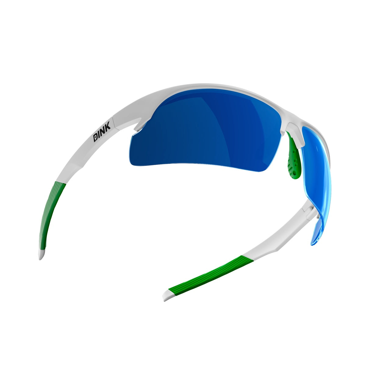 The Daytona Pickleball Sunglasses - White/Green by Dink Eyewear feature a lightweight, aerodynamic wrap design with mirrored blue lenses and green accents—perfect for pickleball players seeking dynamic style.