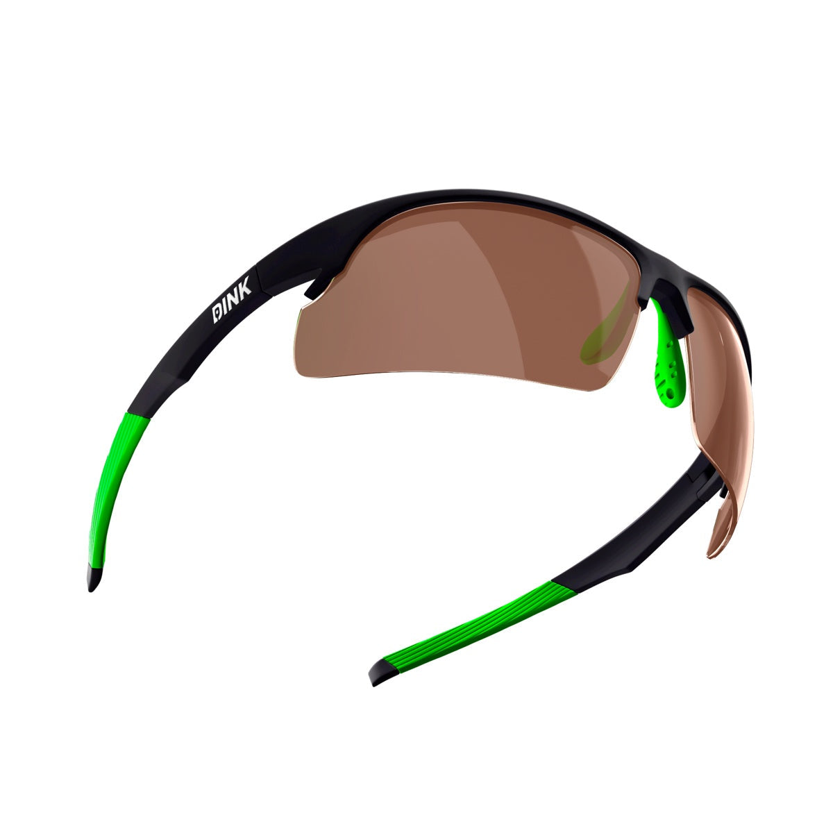 The Daytona Pickleball Sunglasses by Dink Eyewear feature a black frame with green arm accents, lightweight sporty wrap design, green nose pads for a secure fit, brown-tinted lenses, and "Dink" branding—ideal for pickleball play.