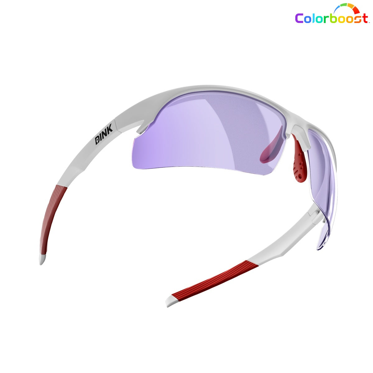 The Daytona Pickleball Sunglasses by Dink Eyewear feature a sporty white semi-rimless frame, red grips and nose pads, a single curved light purple lens, "DINK" on the left arm, and a Colorboost logo in the corner.