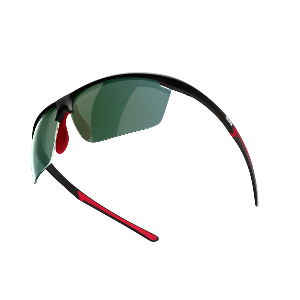 The Daytona Petite Pickleball Sunglasses by Dink Eyewear feature a black semi-rimless, sporty wrap design, green-tinted single lens, and red rubber nose pads and temple tips. Thin arms with red accents add style and grip.