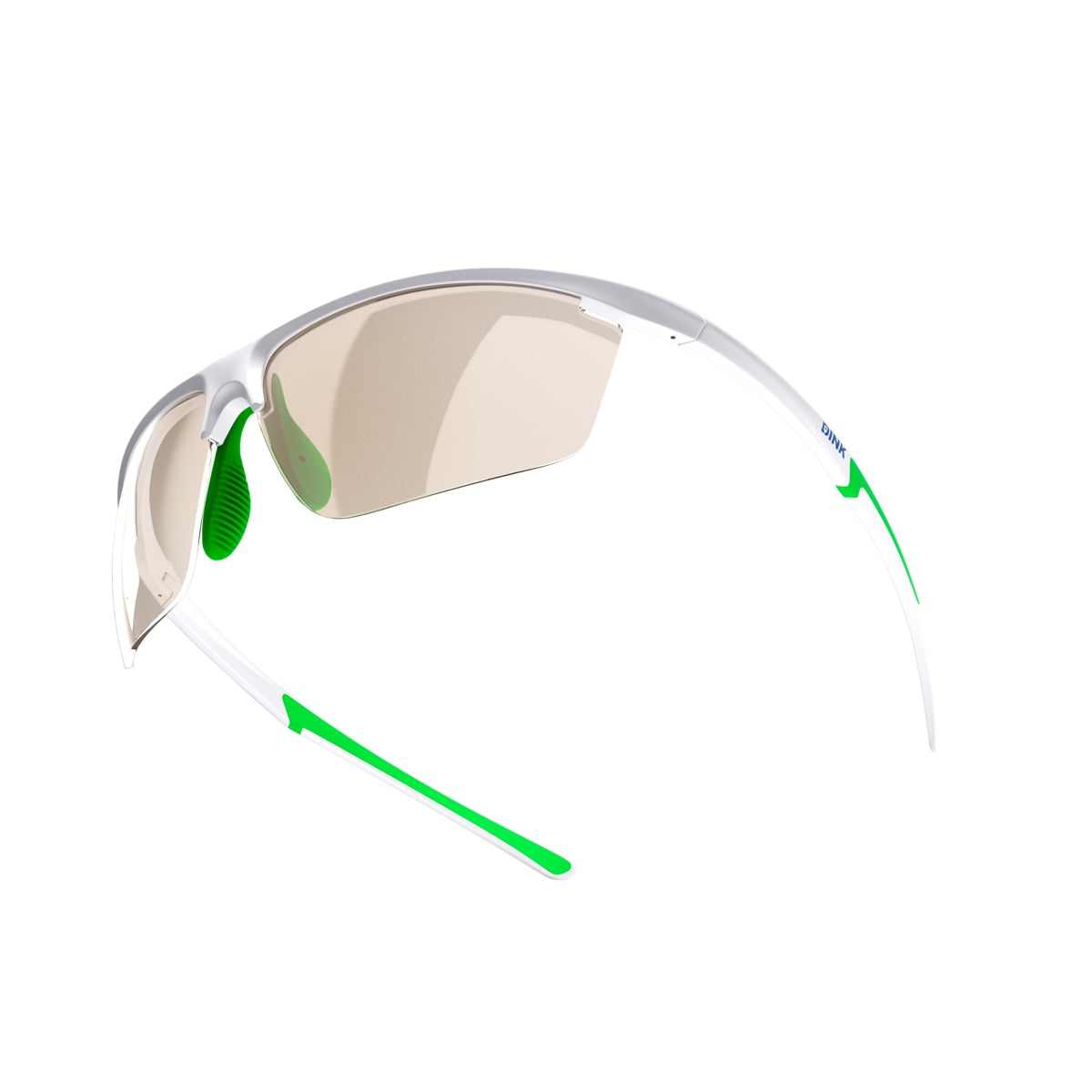 The Daytona Petite Sunglasses by Dink Eyewear feature a sporty wrap design, white frame, mirror-tinted lenses, and bright green nose pads and ear socks—lightweight and perfect for intense activities like pickleball.