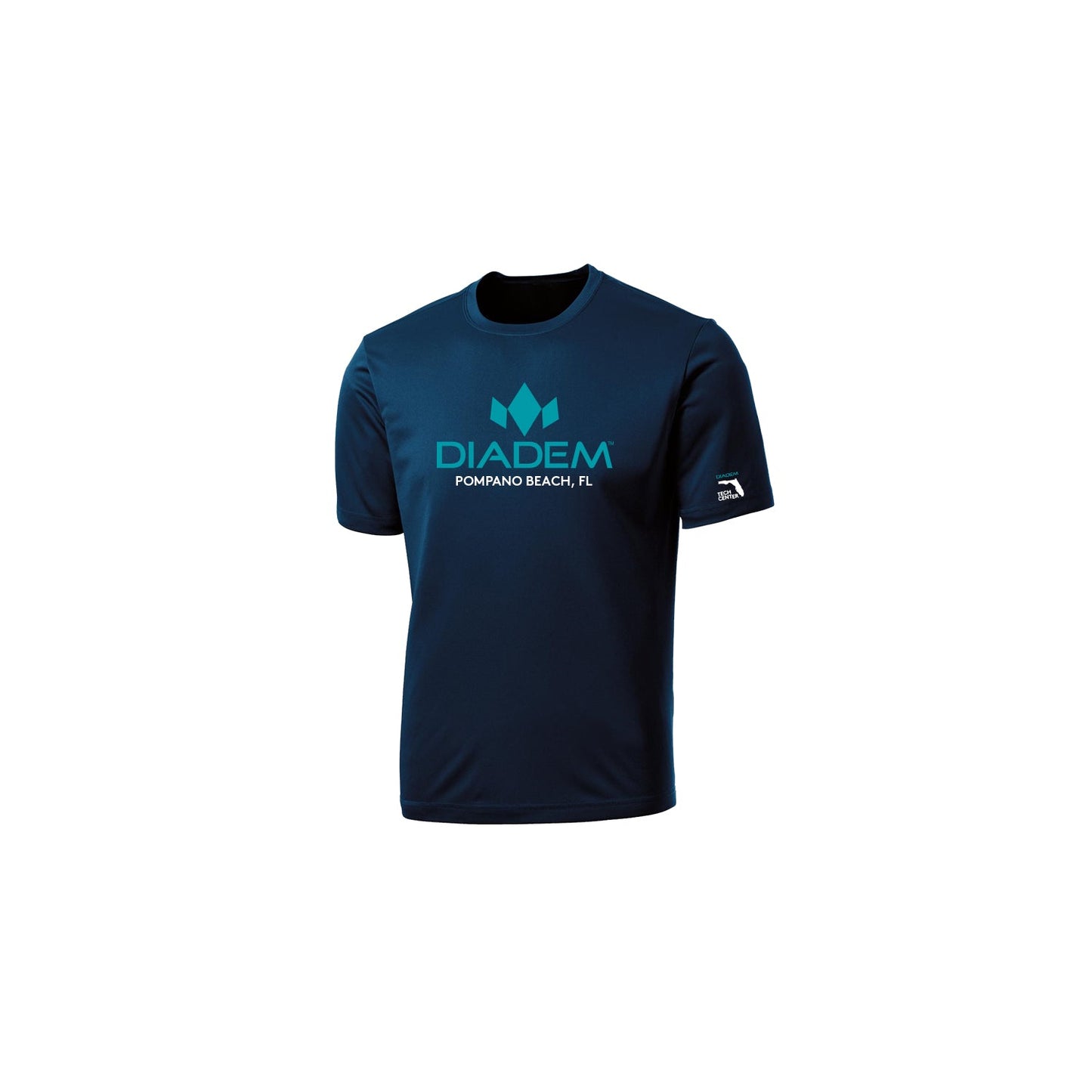The Drycore Diadem Technology Center T-Shirt by Diadem Sports features navy blue moisture-wicking fabric, a teal geometric logo above "DIADEM," white "POMPANO BEACH, FL" text, and a small white/teal emblem on the left sleeve. Displayed on white background.