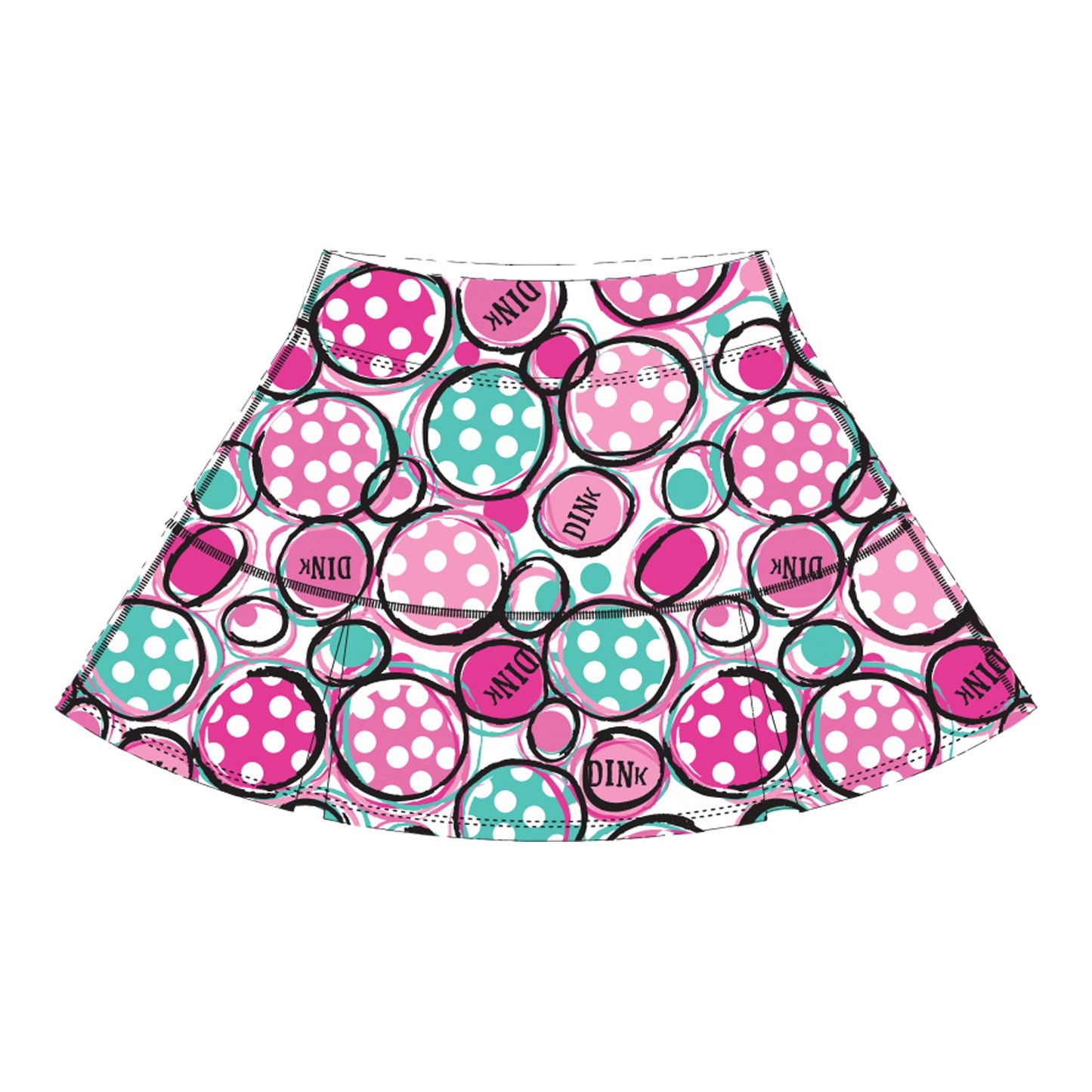 The PB Drop Pleat Skort Dink 2 by Pickleball Bella features a flared, sporty design with playful pink, teal, and white paddle-and-ball prints—some polka-dotted, others with "DINK"—and stretchy 4-way fabric for comfort.