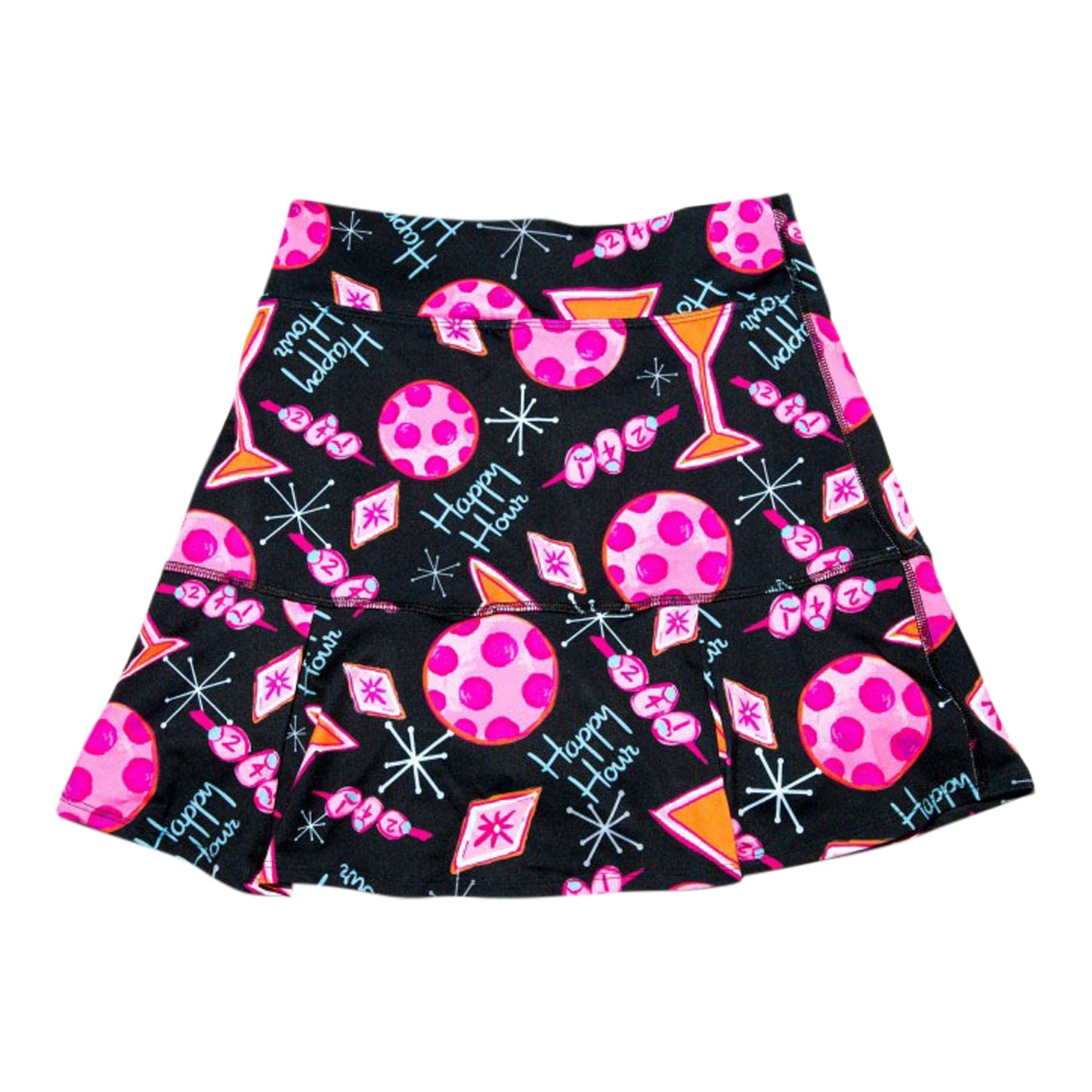 The PB Drop Pleat Skort Martini 2-4-1 Happy Hour by Pickleball Bella features a black base with playful pink and magenta polka dots, martini glasses, starbursts, and retro lettering for a fun mid-century look.