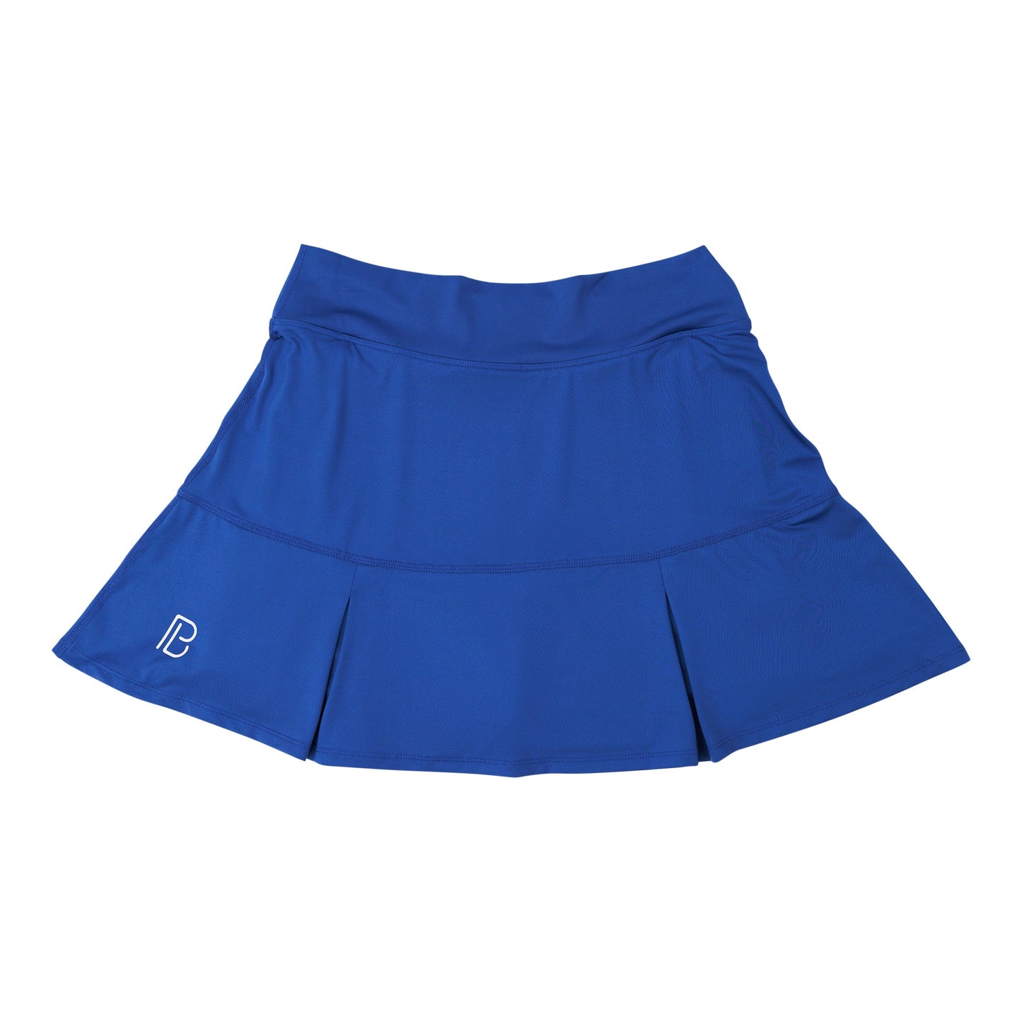 The Pickleball Bella PB Drop Pleat Skort Navy with Double Bounce features a flared, pleated hem, wide waistband, and built-in compression shorts. A white “B” logo accents the lower left. Shown flat on a plain white background.