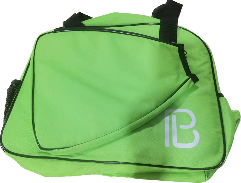The Pickleball Bella PB Duffle Bag Gecko Green features black handles and zippers, a durable build, and a front zippered paddle pocket slightly open to show a white PB logo on the lower right, all set against a plain white background.