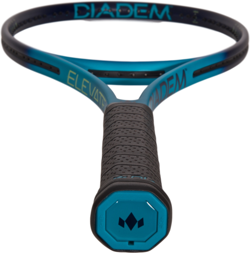The Diadem Sports Vintage Feel Hybrid Replacement Grip, shown on a teal and black Elevate racquet, features a textured black surface and a butt cap with the Diadem logo in teal and black for a modern yet vintage look.