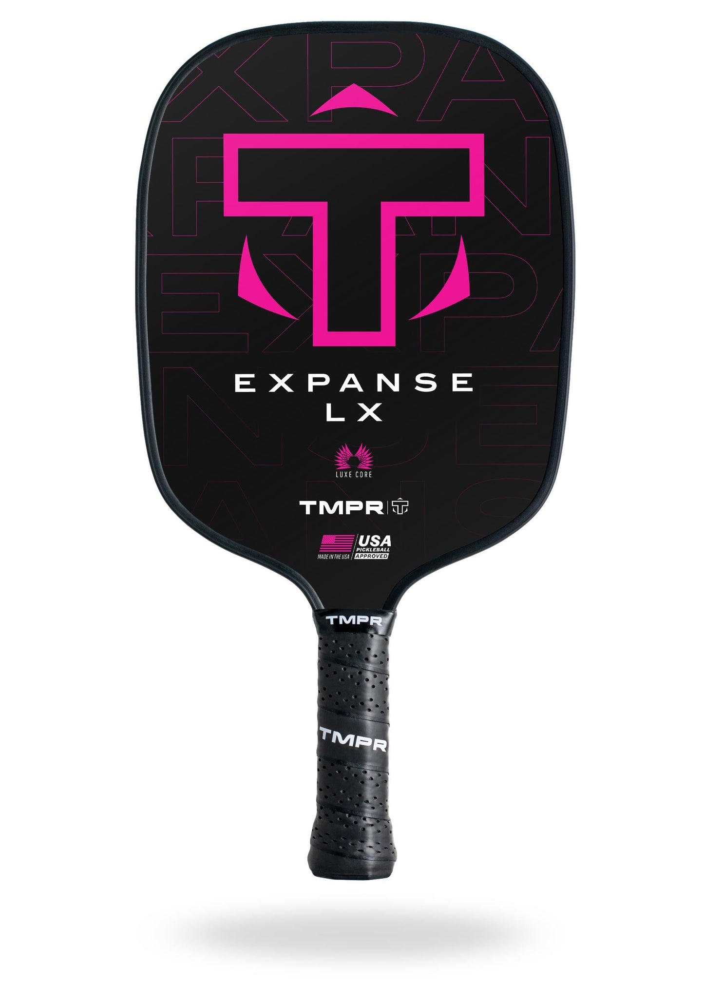The TMPR Sports Expanse LX paddle features a black widebody design, large pink T logo, white EXPANSE LX text, subtle “EXPANSE” on the fiberglass face, textured black grip, and a honeycomb polypropylene core for comfort and control.