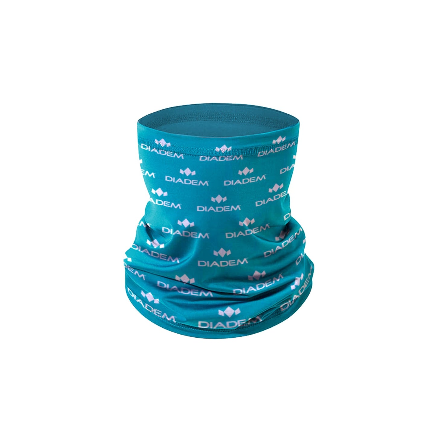 The Diadem Sports Neck Gaiter is teal with white repeating “DIADEM” text and logos. Made from stretchy, smooth fabric with UV protection and moisture wicking, it stands upright on a white background to display the front and sides.