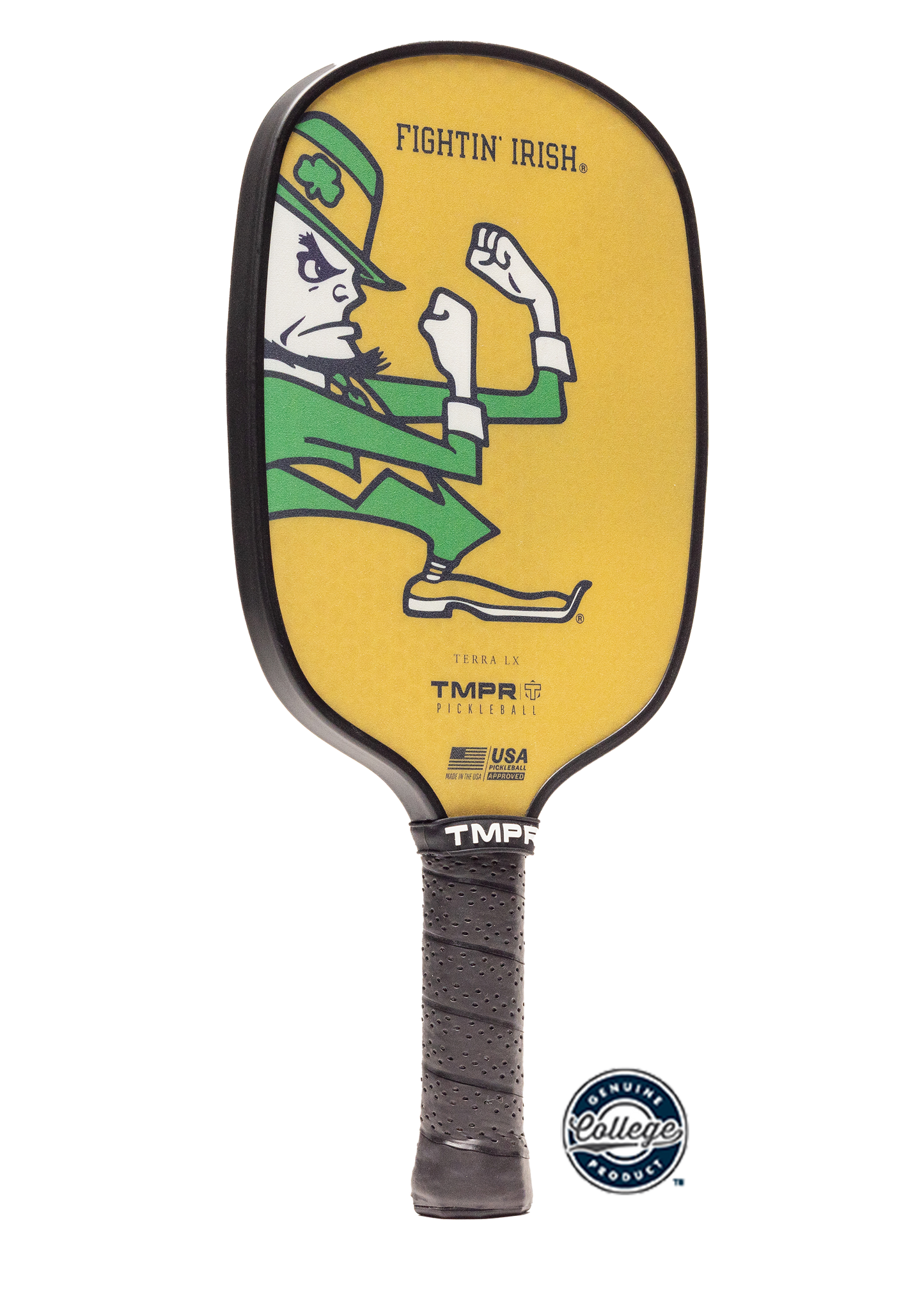 The Terra LX, Fightin’ Irish by TMPR Sports is a yellow pickleball paddle with the leprechaun logo in fighting stance, SPINGRIP surface for control, College Products sticker, and “FIGHTIN’ IRISH” at the top.