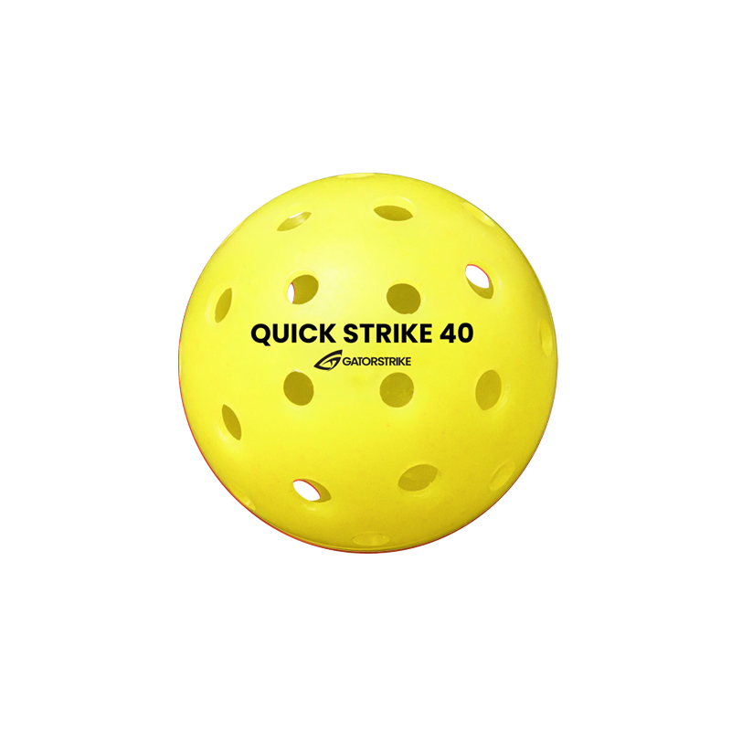 A yellow GATORSTRIKE™ Quick Strike Pickleball with evenly spaced holes and black branding, designed for consistent competitive play, appears against a white background.