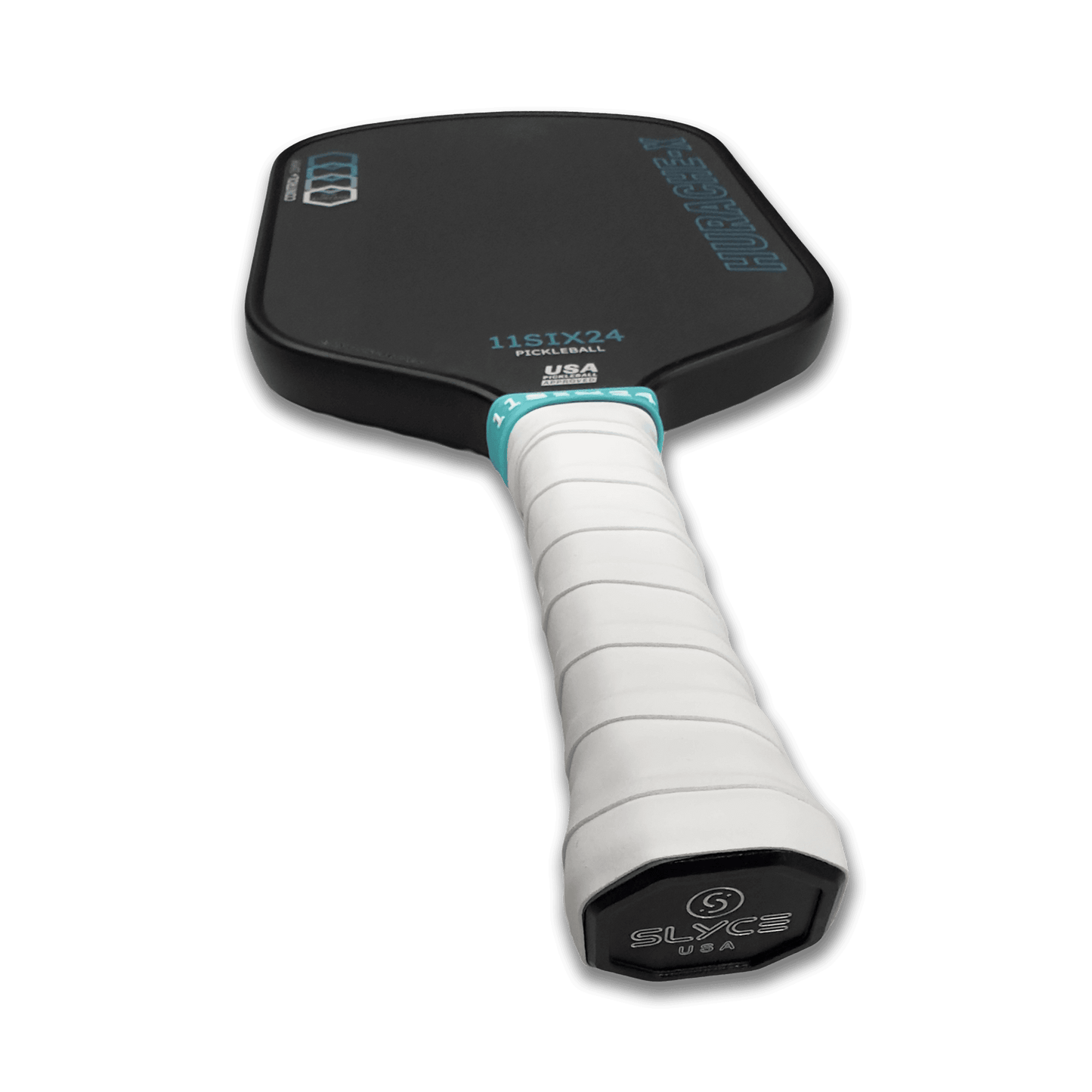 A close-up of a black pickleball paddle with a white GRYPs - Over-Wrap grip by Slyce Sport and turquoise accents. “SLYCE USA” is on the handle end, with “HURRICANE” and “11SIX24” text on the face, all set against a plain white background.