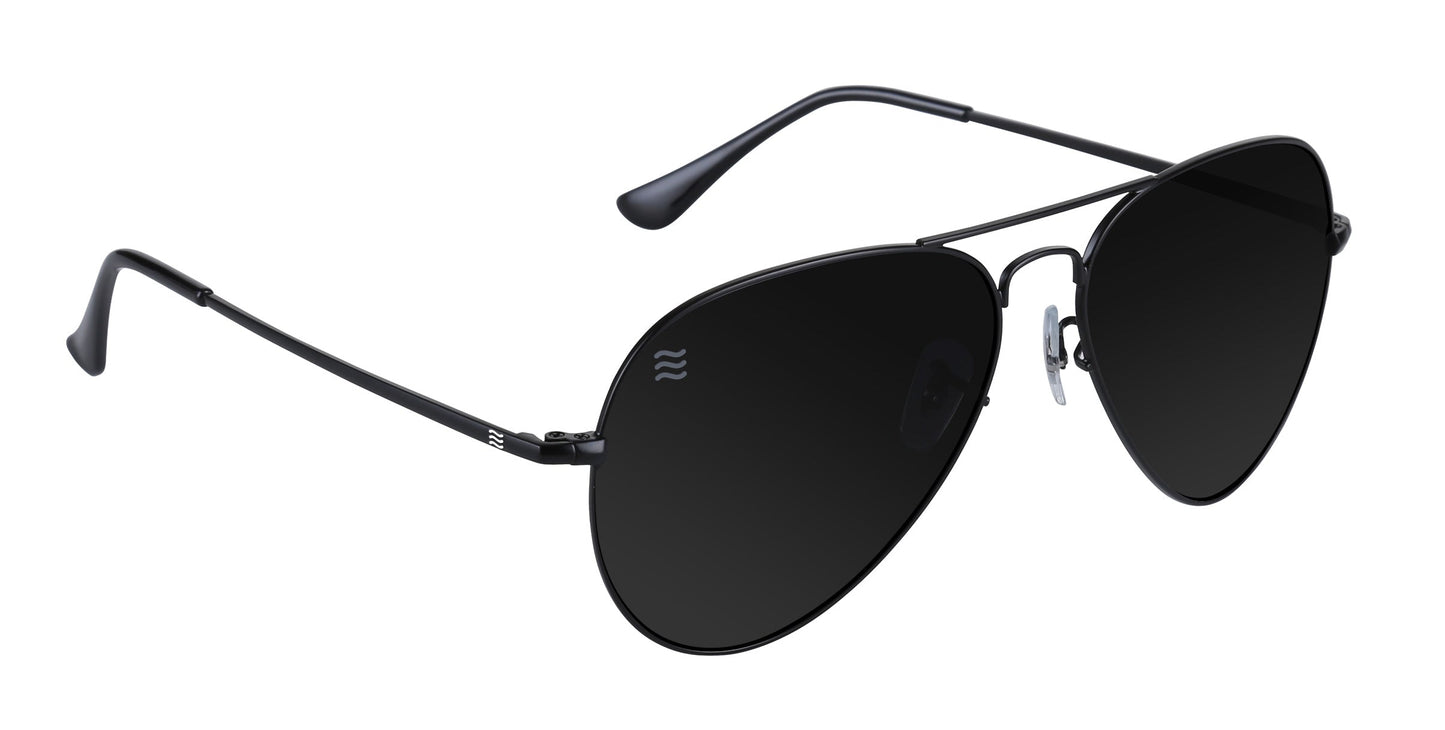 The Neven Eyewear Nightfall sunglasses feature black aviator frames, polarized UV400 dark impact-resistant lenses, adjustable nose pads, curved earpieces, and a white wave logo on the left lens—all set against a white background.