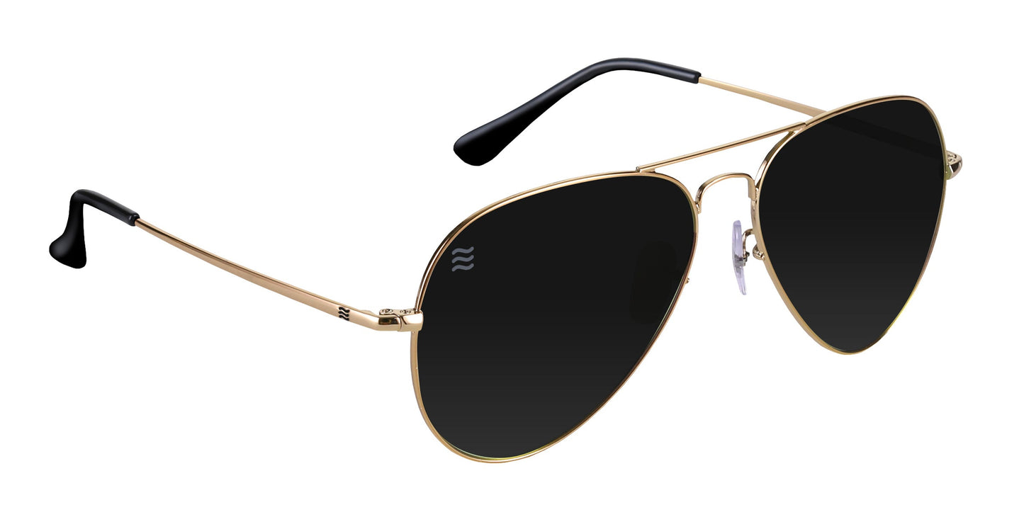 The Goose by Neven Eyewear features aviator polarized sunglasses with a thin gold metal frame, large dark teardrop lenses with UV400 protection, clear nose pads, black arm tips, and a small white Neven logo on the left lens.