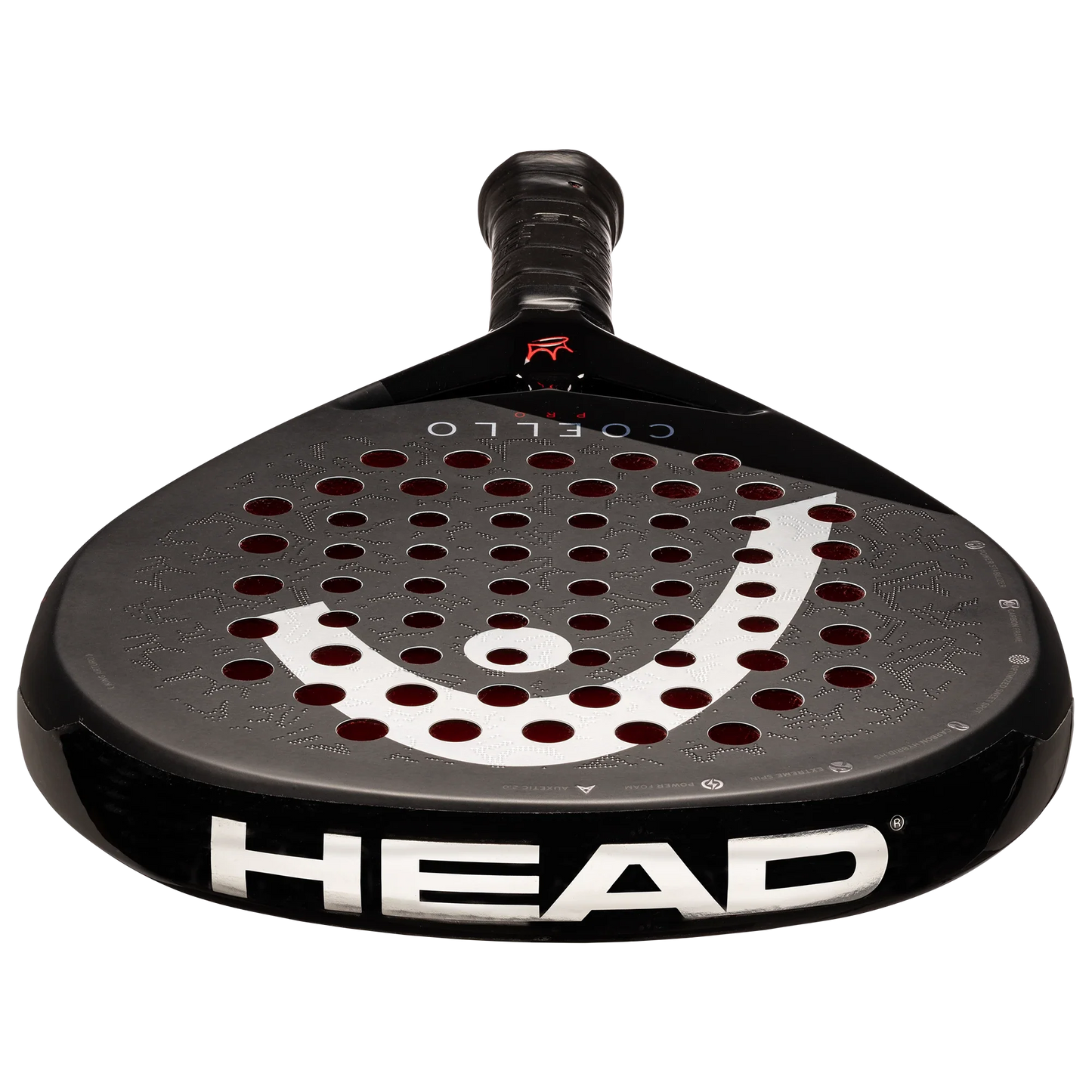The Padel USA Head Coello Pro 2025 padel racket features a black and gray honeycomb design, circular perforations, a large white HEAD logo at the base, black grip tape, Auxetic 2.0 tech, and branding near the throat.