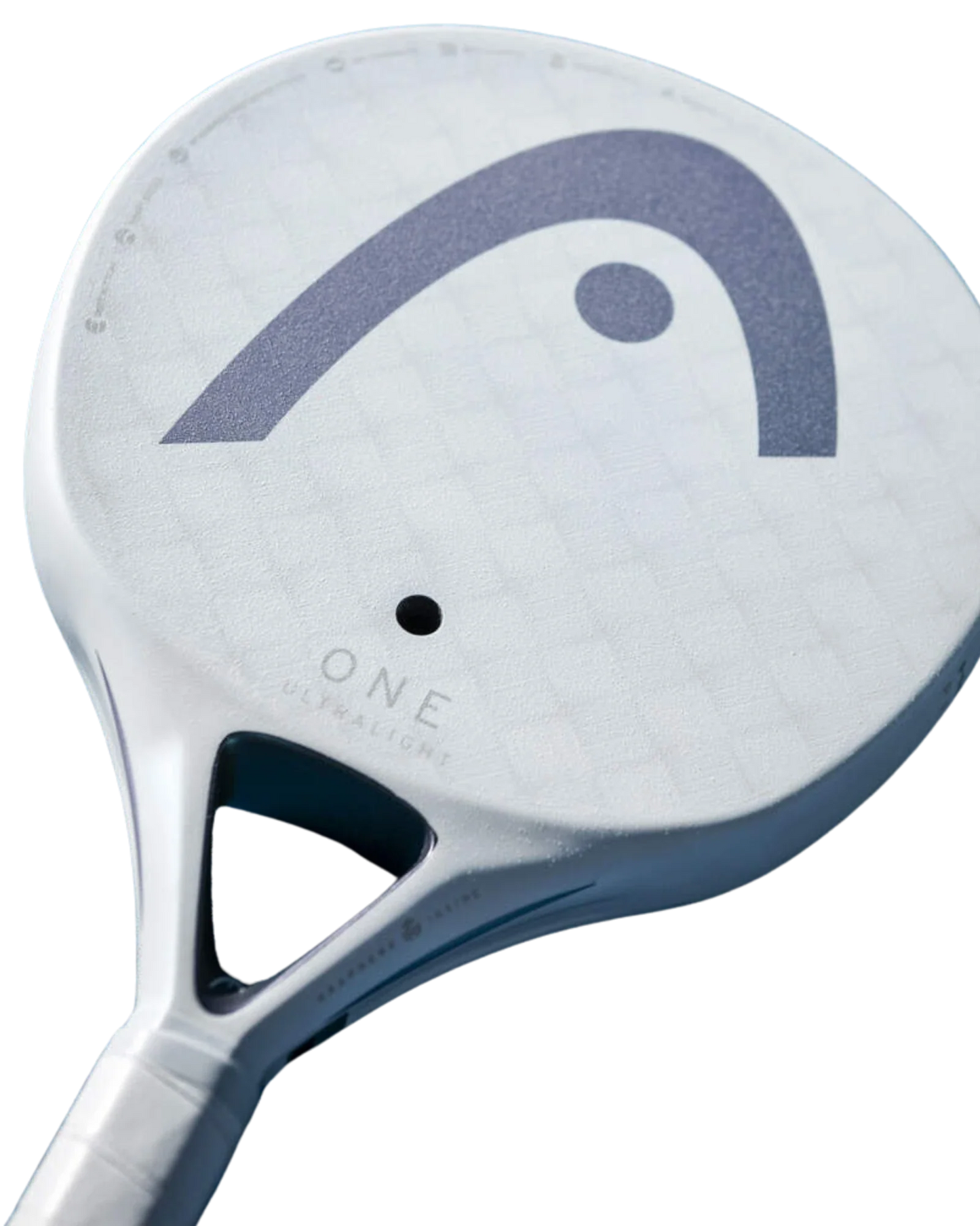 A close-up of the Head One Ultralight White by Padel USA highlights its Spin Surface technology for enhanced control.
