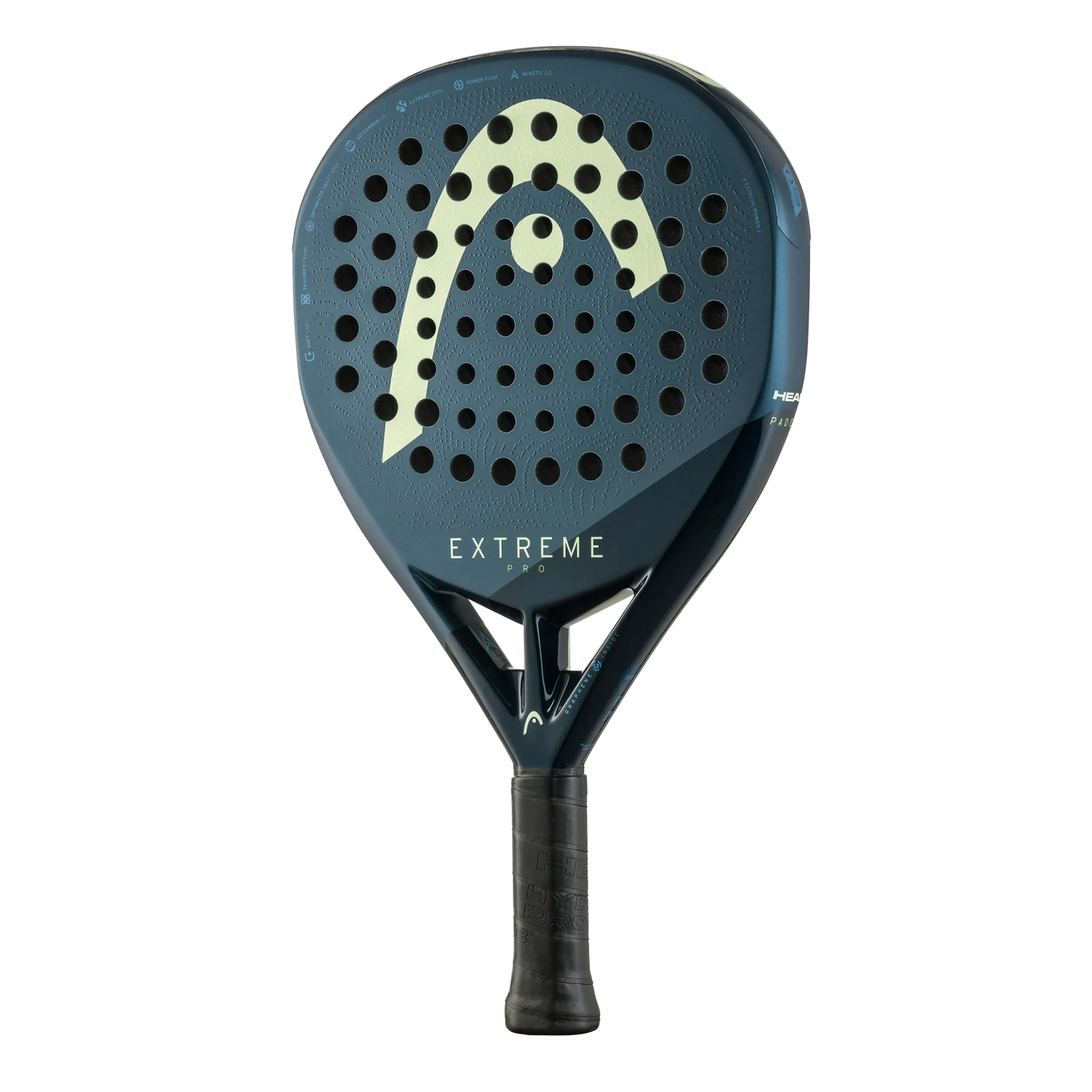 The Head Extreme Pro 2025 from Padel USA is a dark blue padel racket with a perforated round face, large light yellow "A" logo, "EXTREME" in white, and black grip, offering power and a modern look on a plain white background.