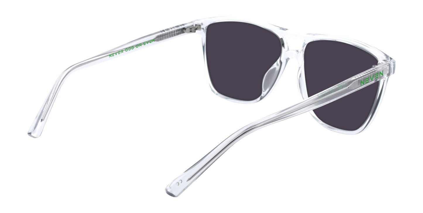 Neven Eyewear's Hangar's sunglasses feature clear plastic frames and arms with green text, plus polarized UV400 black lenses. The image displays the sunglasses from back and side angles.