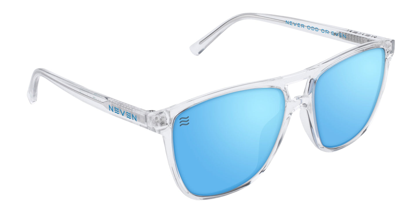 The Lucid by Neven Eyewear features clear frames, rectangular mirrored blue lenses with polarized UV400 protection, "NEVEN" on the left arm and front, and "NEVER ODD OR EVEN" inside the right arm.
