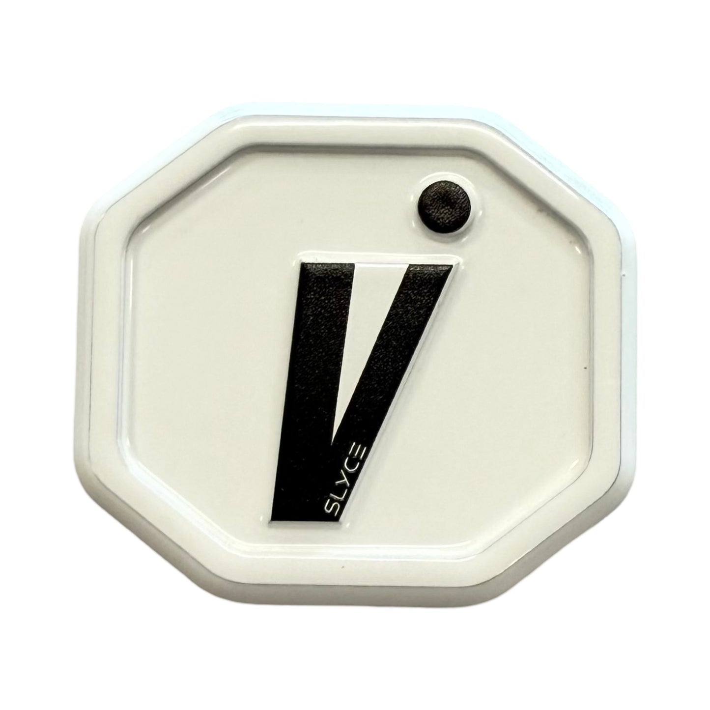 The Special Edition Volair Pickleball SpeedCap (28g, 1.0 oz.) by Slyce Sport is a white, octagonal grip cap displaying a bold black V with "SLYCE" vertically on its left and a dot above the V, all set on a plain white background.