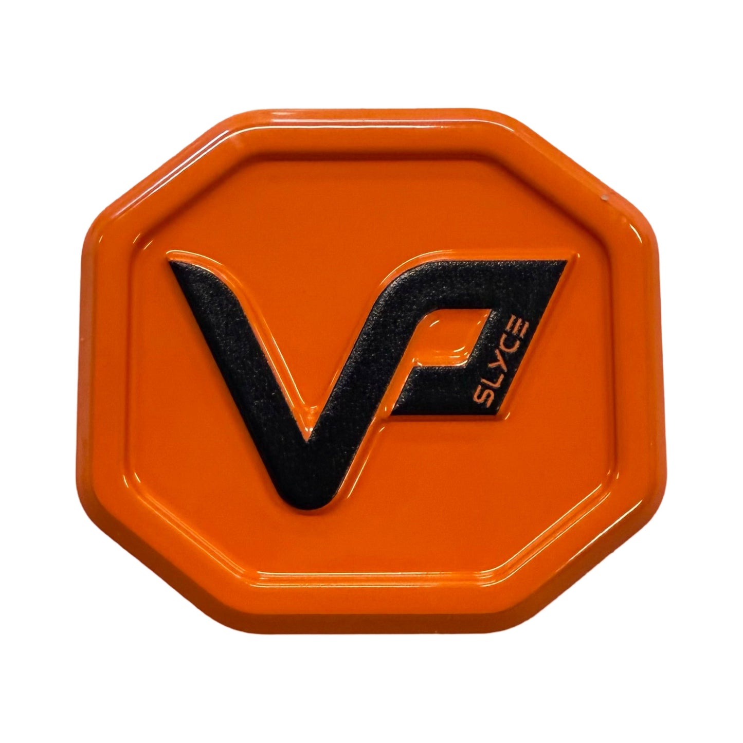 The Special Edition Vatic Pro SpeedCap (28g, 1.0 oz.) by Slyce Sport features an orange, octagonal badge with a bold black “VP” and “SLYCE” on the “P”, offering a stylish, glossy grip cap upgrade for your Vatic Pro Pickleball Paddle.