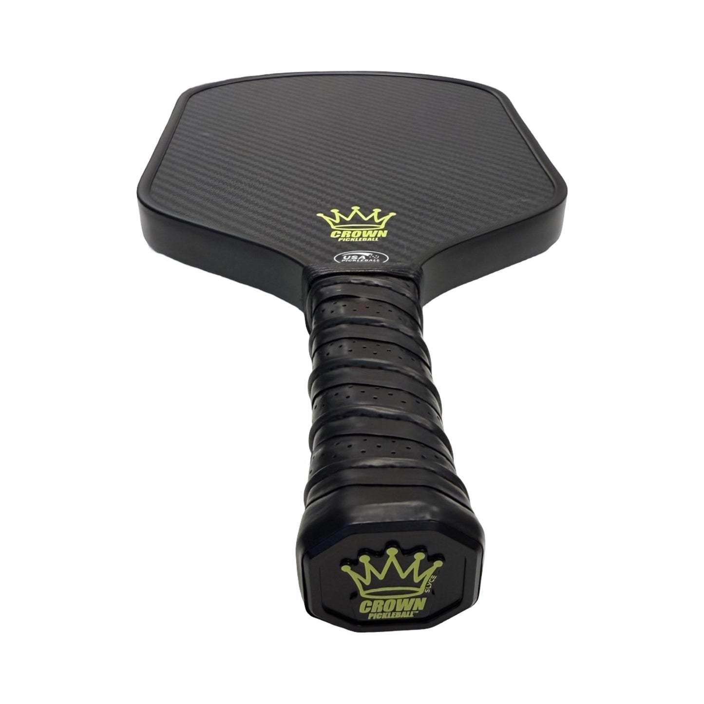 The Slyce Sport Special Edition Crown Pickleball SpeedCap (28g, 1.0 oz.) features a textured black paddle with yellow crown logos, sturdy modern design, black wrapped grip, angular shape, and an aluminum SpeedCap for enhanced durability.