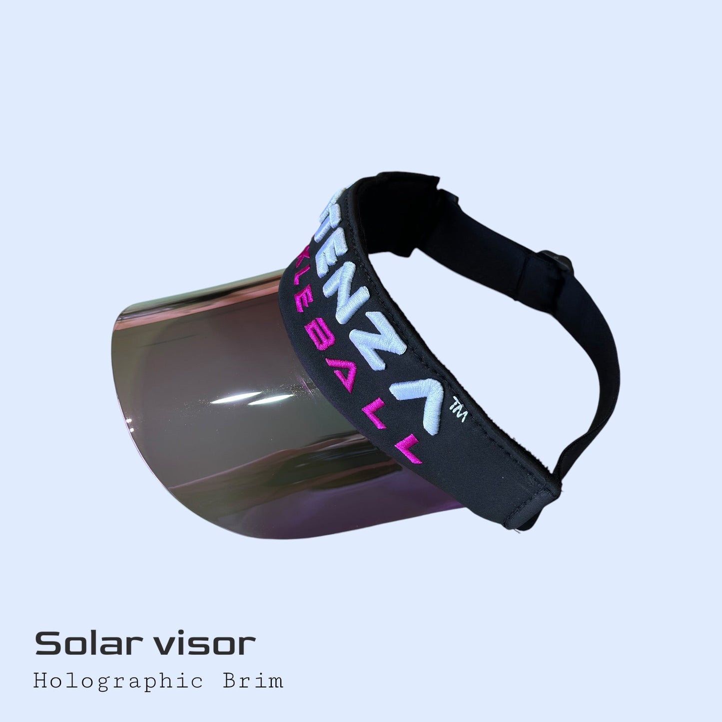 A black, sweat-wicking Potenza Pickleball Performance Solar Visor features a wide, curved holographic brim that reflects light. The headband displays bold white and pink "POTENZA PICKLEBALL" text on a pale blue background.