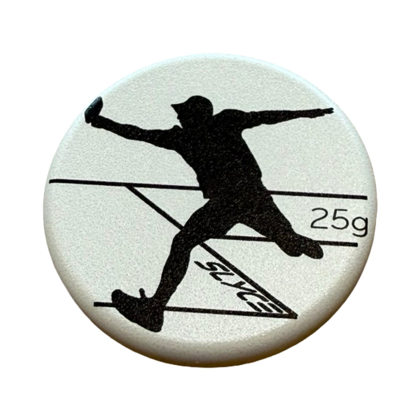 A round, white disc from Slyce Sport with a black athletic silhouette, bold black lines, and “SLYCE” text. Marked “25g SpeedCap playing weight.” Product: That Pickleball School - SLYCE SpeedCoins Paddle Handle Weights.