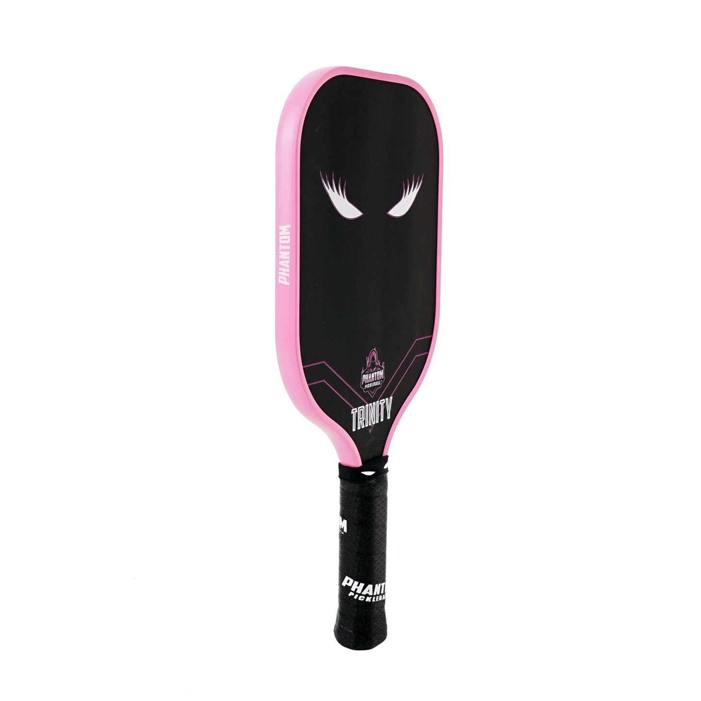 The Phantom Pickleball LADY TRINITY 14MM T700 Raw Carbon Fiber Thermoformed Pro Paddle features a black design with a raw carbon surface, pink border, stylized white eyes, bold “PHANTOM” and “TRINITY” text, and white “PHANTOM” grip branding.