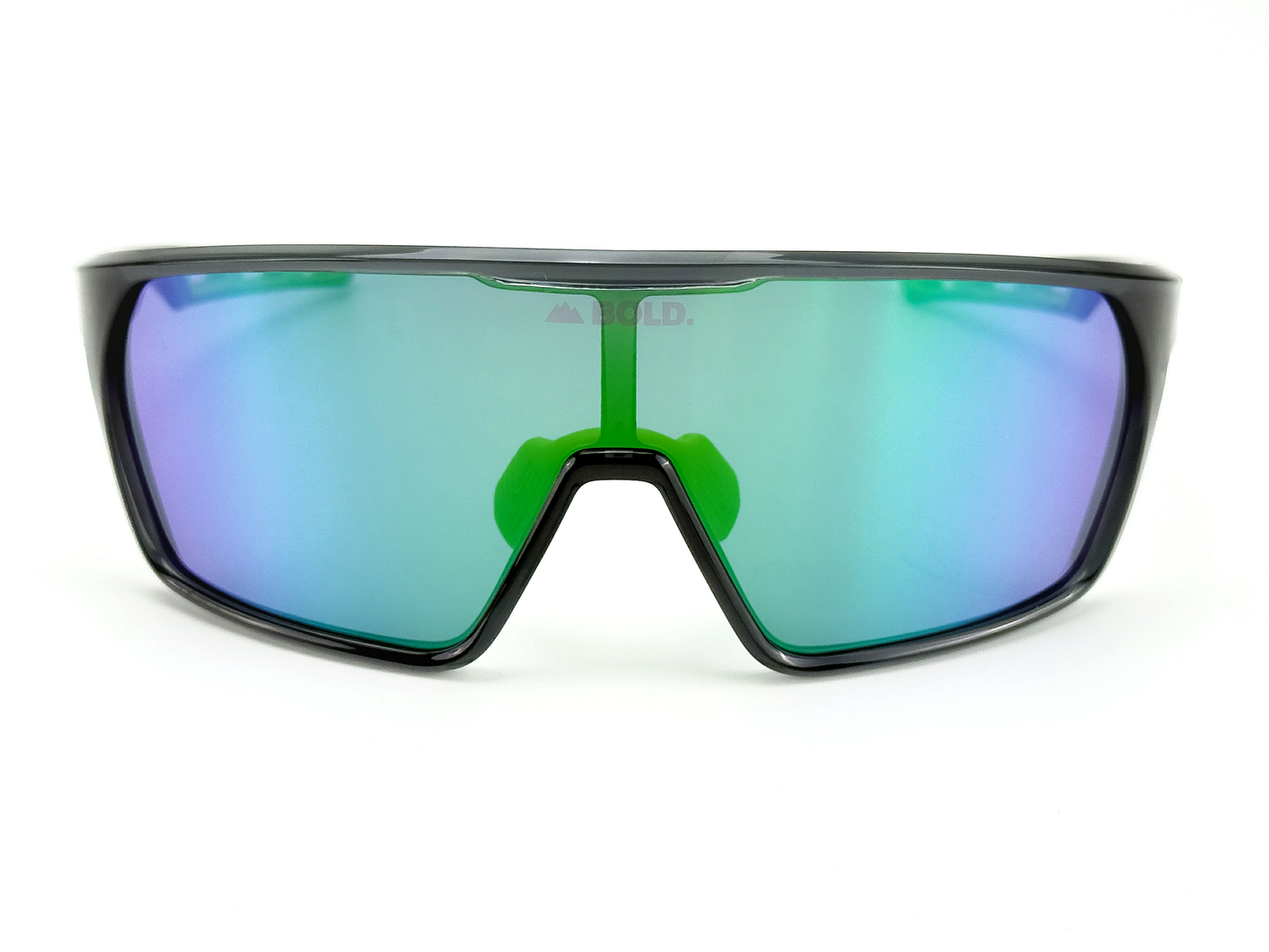 BOLD Senders Kids Sunglasses by boldouterwear feature wraparound black frames and shiny blue-green reflective lenses with visible green nose pads. Shown from the front on white, these sporty shades offer UV400 protection—ideal for MTB, ski, and lifestyle wear.