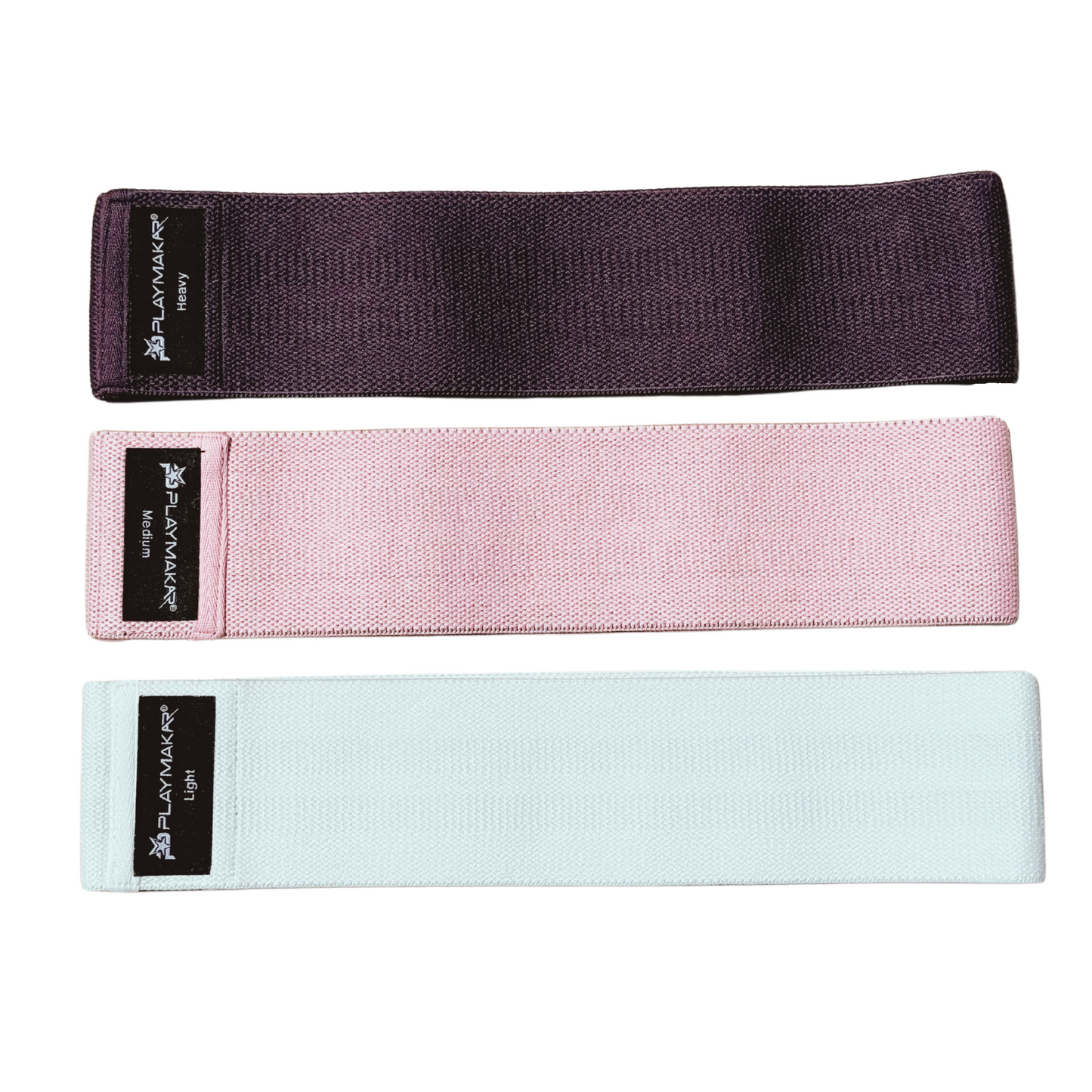 Three iReliev Premium Resistance Bands in dark purple, light pink, and light blue are laid flat side by side. Each features reinforced stitching and a black iReliev label with white text in the corner on a white background.