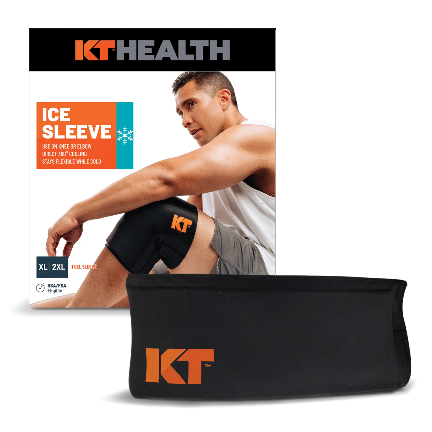 An image displays the KT Health Ice Sleeve by KT Tape, featuring a man wearing the black ice sleeve with an orange KT logo on his knee; packaging text highlights cold therapy and compression for sore joints.