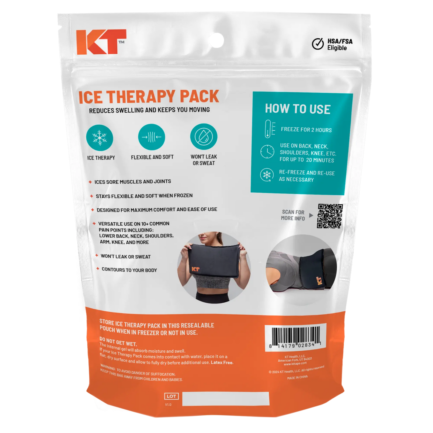 A resealable KT Tape package for the KT Health Ice Therapy Pack features instructions, benefits, and photos showing cold therapy for sore muscles—demonstrating its reusable, flexible, leak-proof design used on the lower back and shoulder.