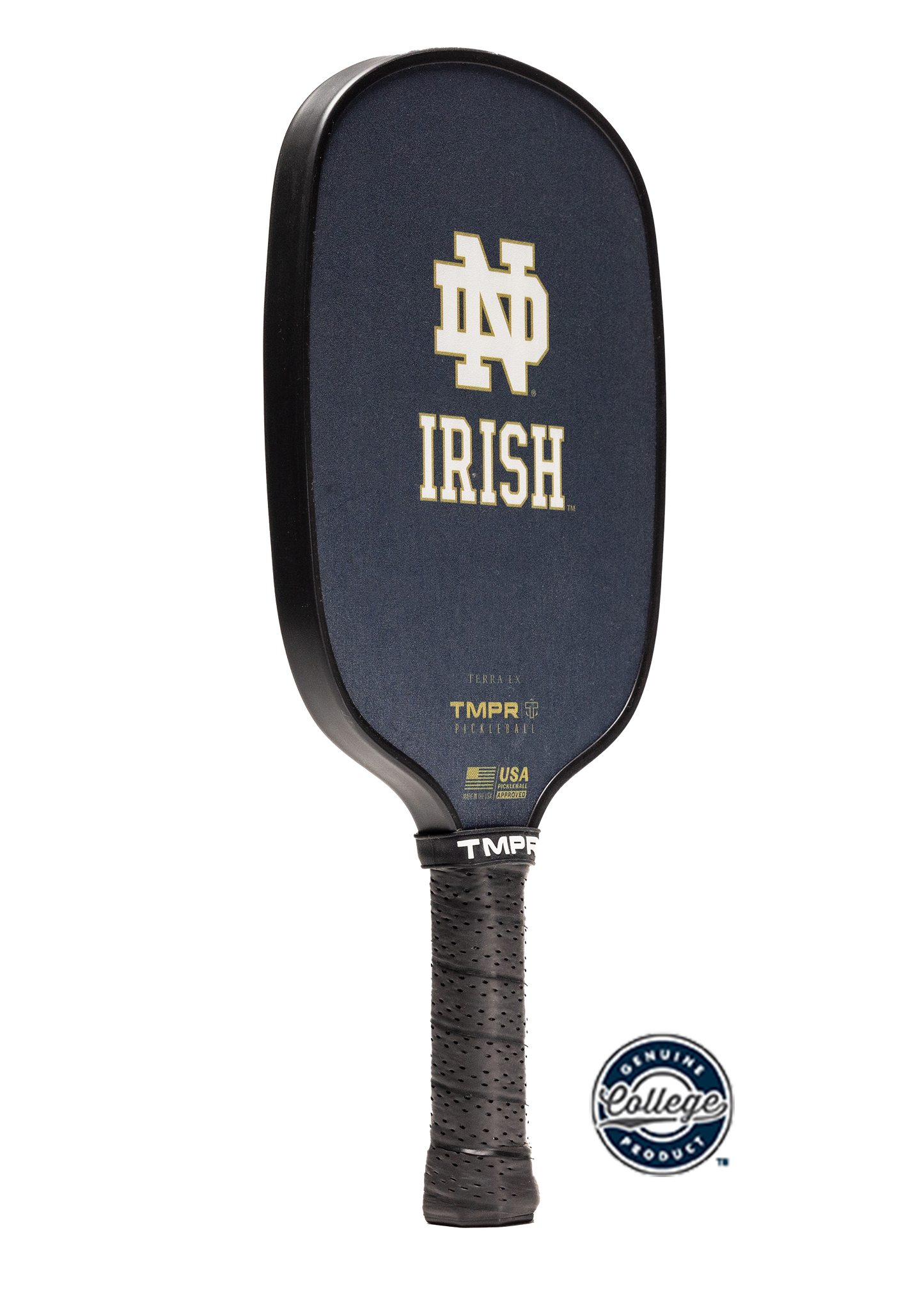 The TMPR Sports Terra LX, Irish Tradition pickleball paddle features a black design with a dark blue SPINGRIP surface. The gold ND logo sits above "IRISH" in white. The handle has a textured black grip and a “Genuine College Product” seal is shown nearby.