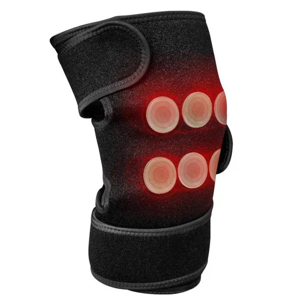 The iReliev Wearable Far Infrared Heating Pad for Knee Pain Relief is a black knee brace with six red-lit pads, adjustable straps, and provides support plus therapeutic infrared treatment for knee pain or injuries.
