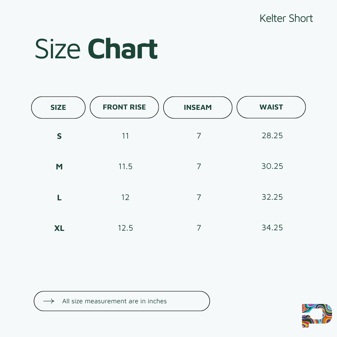 The Playly Store Kelter Short men's size chart (S–XL): Front Rise 11–12.5", Inseam 7", Waist 28.25–34.25". Green text on a light background. Made with SofKnit fabric.