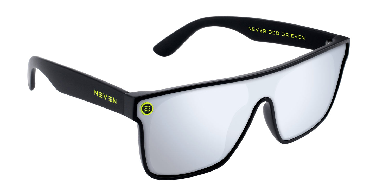 Experience the Neven Eyewear CJ: modern polarized sunglasses with a light gray reflective lens shield, black frame with yellow “NEVEN” and wave logo, plus UV400 protection and impact-resistant lens for top eye comfort and safety.