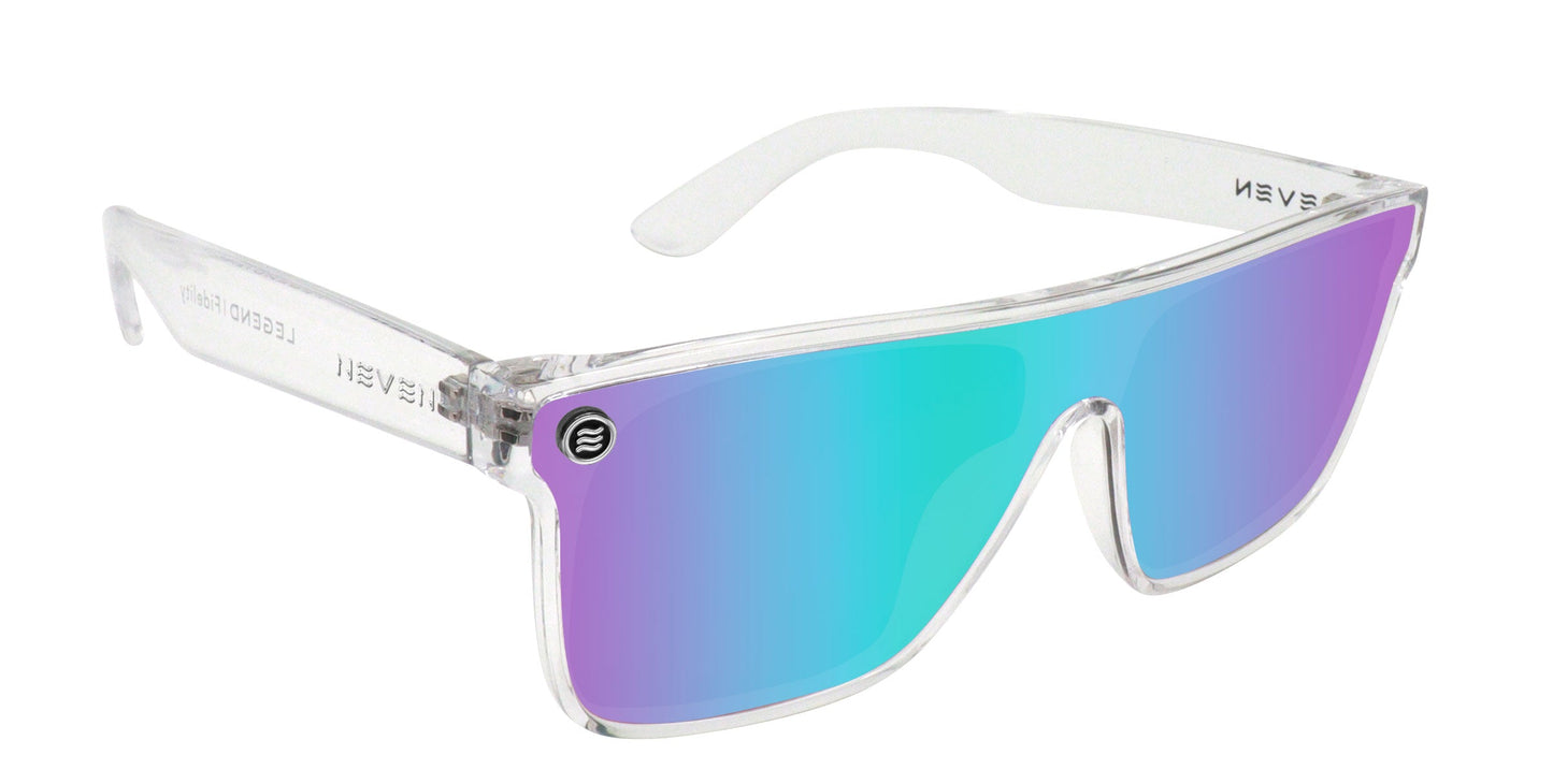 The Neven Eyewear Fidelity sunglasses feature an oversized, clear frame with a single mirrored lens in gradient blue-purple, NEVEN branding on the temple and lens, modern sporty style, and UV400 protection.