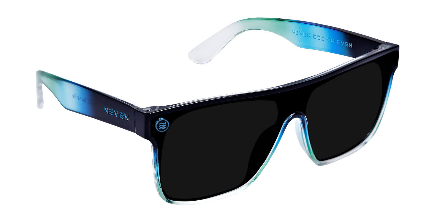 Turnstile by Neven Eyewear: Stylish polarized sunglasses with large black lenses, a thick frame that shifts from black to a blue-green gradient on the arms, white NEVEN branding, and UV400 protection.
