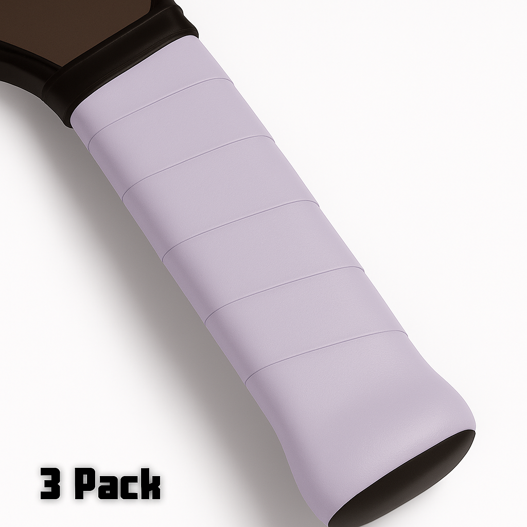 Close-up of a light purple, textured Edgy Pickleball Hybrid Overgrip wrapped on a racket handle for plush comfort. "3 Pack" appears in bold black text at the bottom left. White background.