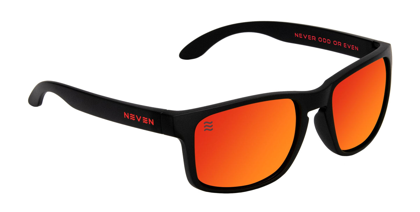 The John Wayne sunglasses by Neven Eyewear feature TR90 black frames, bright orange mirrored lenses with polarized UV400 protection, and “NEVER ODD OR EVEN” in red inside the right arm for modern style and superior eye safety.